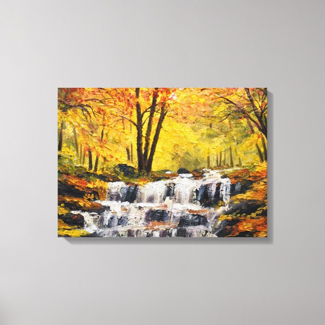 Brisk Autumn Waterfall Oil Paint Wall Art (Front)
