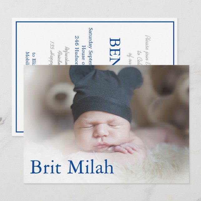 Brit Milah Photo Baby Boy Hebrew Jewish Invitation (Front/Back)