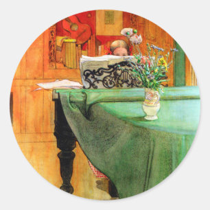 Brita at the Piano by Carl Larsson, Vintage Art Classic Round Sticker