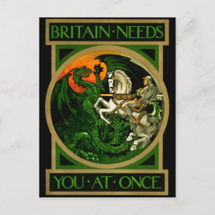 Britain needs you at once, WWI British War Poster Postcard