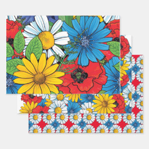 Brite Floral Wrapping Paper Flat Sheet Set of 3