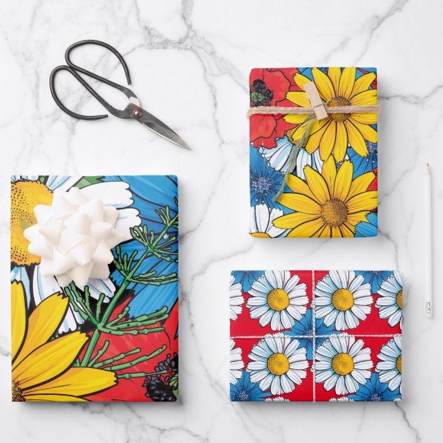 Brite Floral Wrapping Paper Flat Sheet Set of 3 (Front)