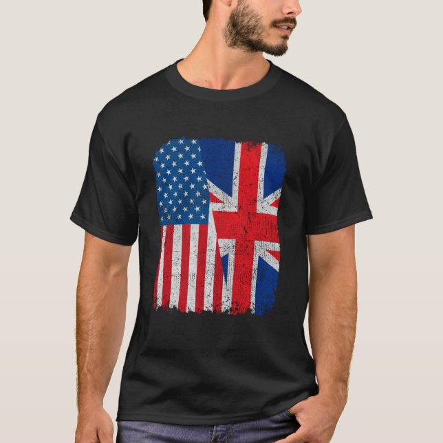 British American Flag Half USA England Root Proud T-Shirt (Front)