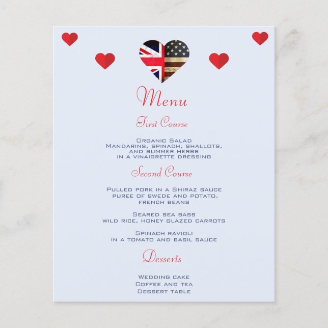 British American Flag Hearts Romantic Wedding Menu (Front)