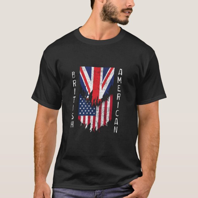 British American Flags Ripped Torn UK T-Shirt (Front)