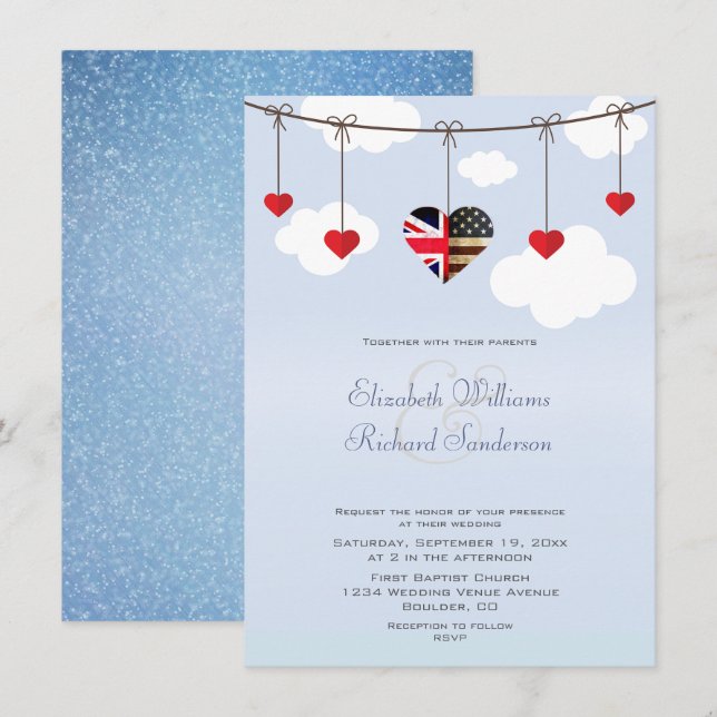 British American Romantic Hearts Wedding Invitation (Front/Back)