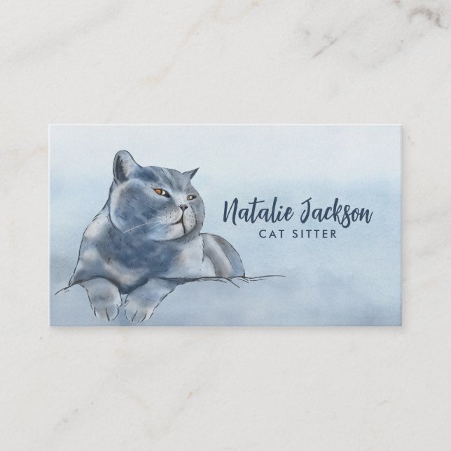 British Blue Cat Watercolor Business Card (Front)