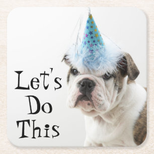 British Bulldog Puppy Wearing A Party Hat Square Paper Coaster