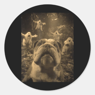 British Bulldog Selfie Ghosts Haunted Forest Classic Round Sticker
