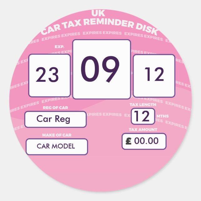 British Car Tax Reminder Sticker Pink (Front)