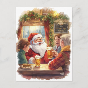 British Christmas Card with Santa Claus at Pub