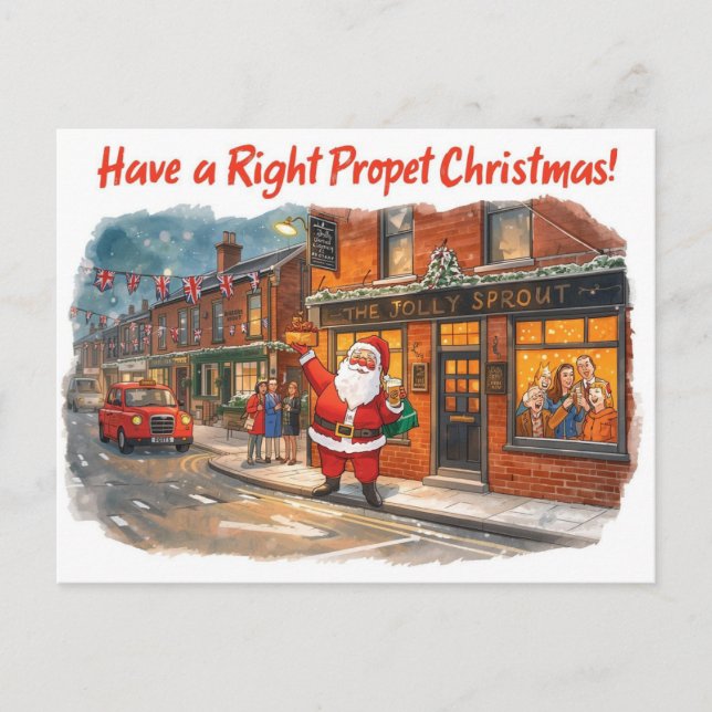 British Christmas Card with Santa Claus at Pub (Front)
