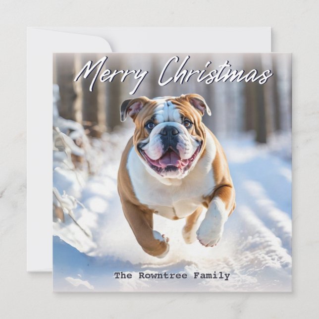 British English Bulldog Dog In Snow Christmas Holiday Card (Front)