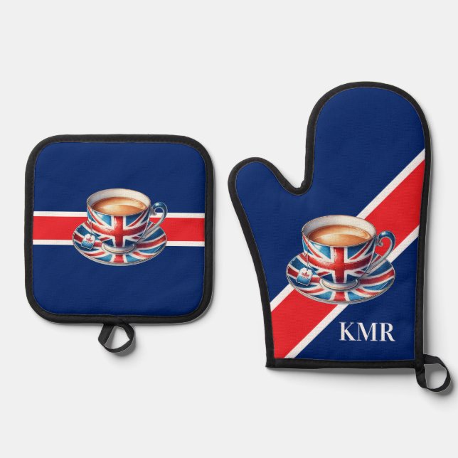 British Flag Aesthetic English Teacup Oven Mitt & Pot Holder Set (Front)
