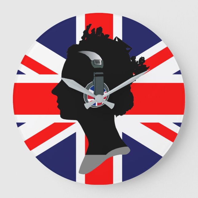 BRITISH FLAG AND QUEEN WITH HEADPHONES Wall Clock (Front)