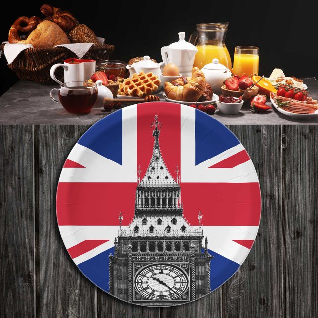 British Flag & Big Ben - London, UK /sports fans Paper Plate (Creator Uploaded)