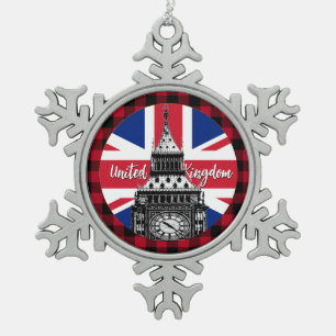 British Flag, Big Ben, Union Jack, UK red Plaid Snowflake Pewter Christmas Ornament