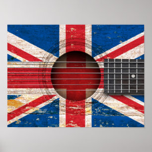British Flag on Old Acoustic Guitar Poster