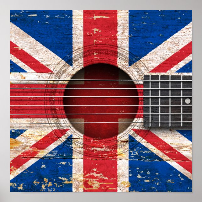 British Flag on Old Acoustic Guitar Poster (Front)