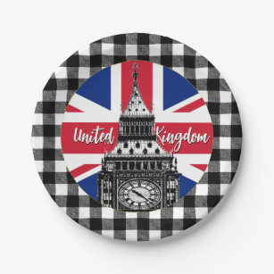 British Flag Plate, Big Ben, Plaid, United Kingdom Paper Plate
