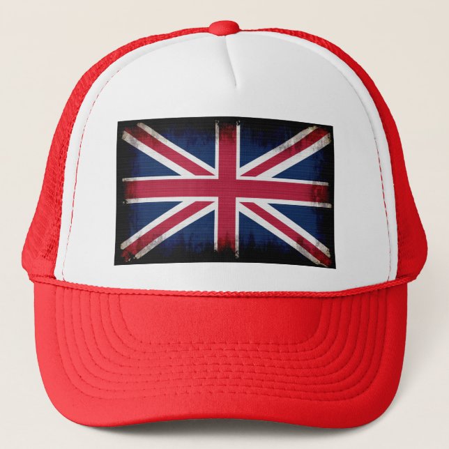 British Flag, Union Jack, Patriotic Grunge Trucker Hat (Front)