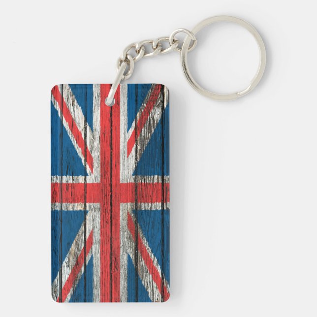 British Flag with Rough Wood Grain Effect Key Ring (Back)