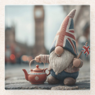 British Gnome with Union Jack Hat and Teapot Glass Coaster