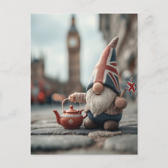 British Gnome with Union Jack Hat and Teapot  Holiday Postcard (Front)