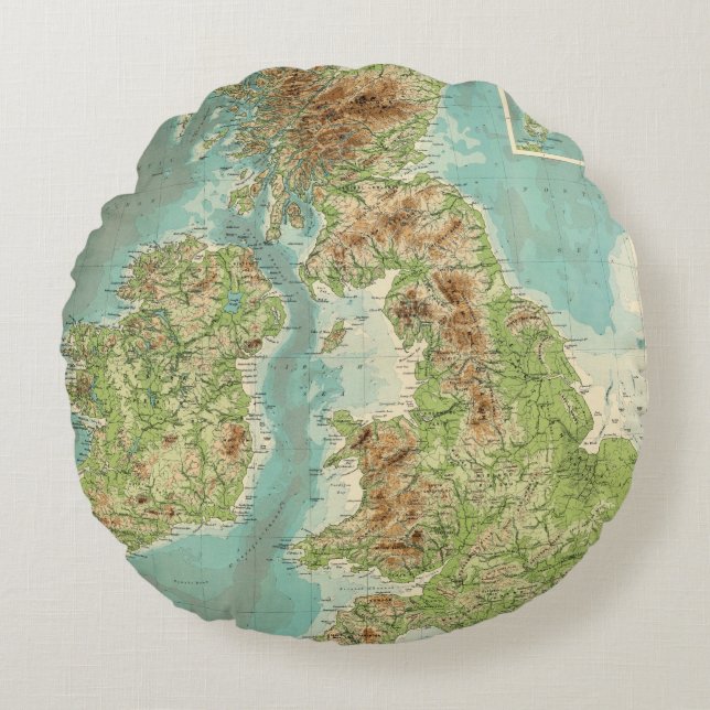 British Isles bathyorographical map Round Cushion (Front)