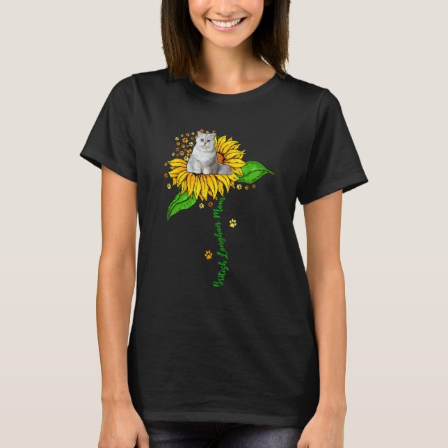 British Longhair Mom Cute Cat On Sunflower Paws Mo T-Shirt (Front)