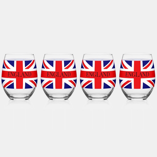  British National Flag with England Stemless Wine Glass (Front)