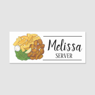 British Pub Fare Scampi Chips Peas English Food Name Tag