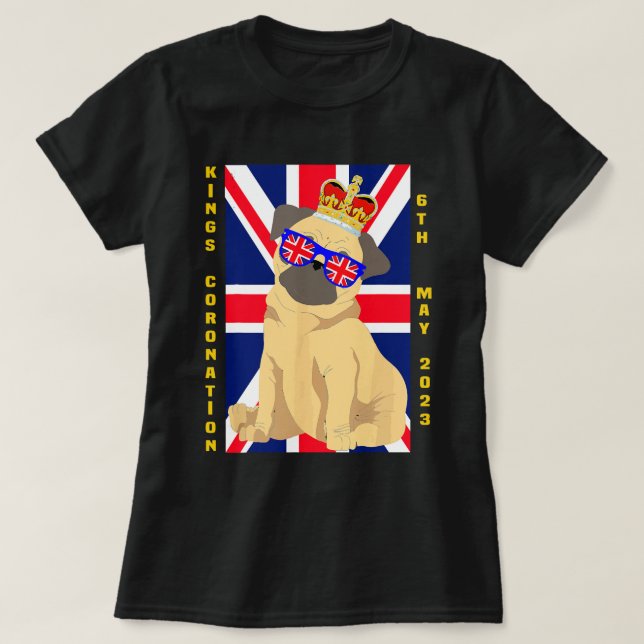 British Pug Dog Crown Union Jack Kings UK Coronati T-Shirt (Design Front)