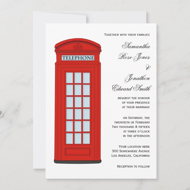 British Red Telephone Box Wedding Invitation (Front)