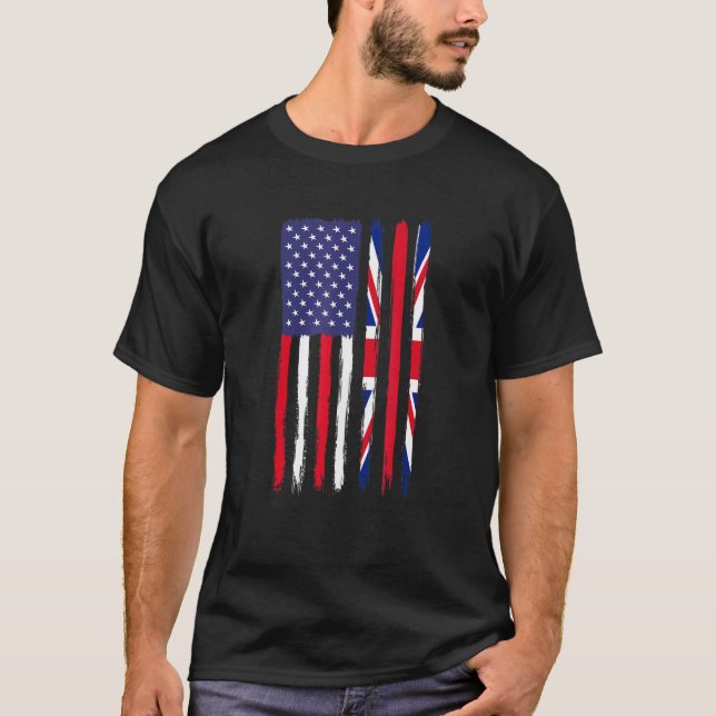 British Roots Half American Flag Patriotic British T-Shirt (Front)