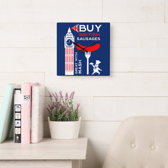 British Sausage And Mash Kitchen Square Wall Clock (Reading Room)