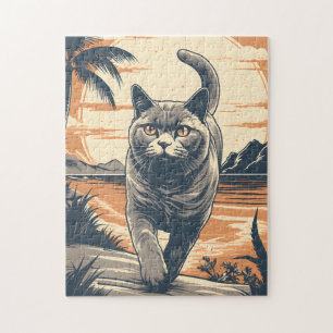 British-Shorthair-Cat at a tropical beach Jigsaw Puzzle