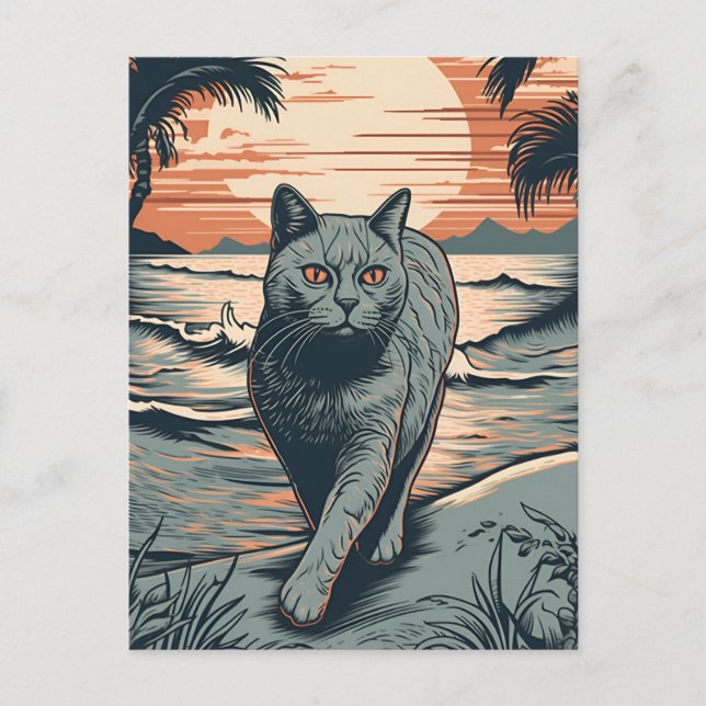 British Shorthair cat at a tropical beach Postcard (Front)