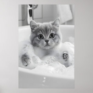 British Shorthair Cat Bath Print, Funny Bathroom Poster