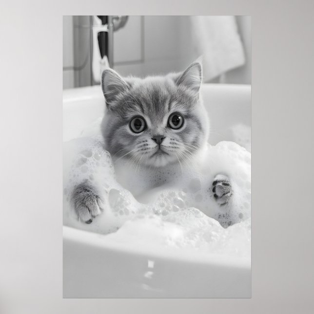 British Shorthair Cat Bath Print, Funny Bathroom Poster (Front)