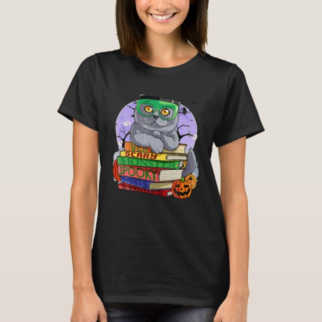 British Shorthair Cat Frankenstein Halloween Witch T-Shirt (Front)