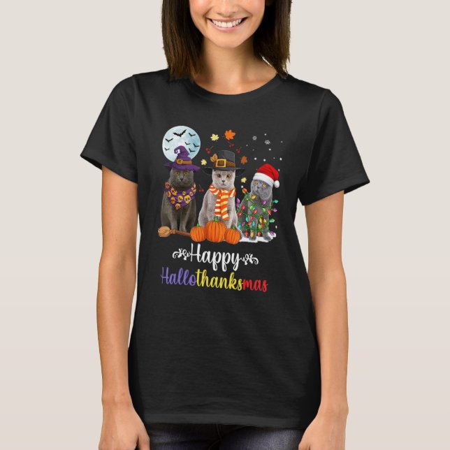 British Shorthair Cat Halloween Merry Christmas 1 T-Shirt (Front)
