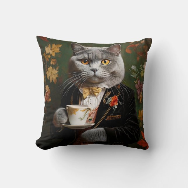 British Shorthair Cat In a Suit Drinking Coffee Cushion (Front)