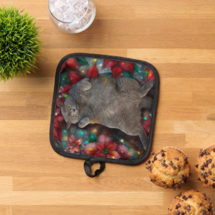 British Shorthair Cat Kitty Poinsettias Christmas Pot Holder
