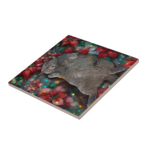 British Shorthair Cat Kitty Poinsettias Christmas  Tile