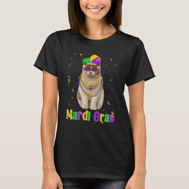 British Shorthair Cat Mardi Gras Meowdi Gras Mask T-Shirt (Front)