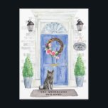 British Shorthair Cat Moving Announcement Postcard<br><div class="desc">Announce your new address with our stylish announcement featuring a British Shorthair cat,  blue front door,  welcome mat,  slate sign,  topiaries and a floral wreath set on a grey brick background.</div>