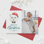 British Shorthair Cat Santa Green Photo Christmas Holiday Card<br><div class="desc">Merry Christmas! Send Christmas wishes to family and friends with a cat-themed Christmas flat card. It features a watercolor illustration of a cute white British shorthair cat with a Santa hat and tartan bow tie. Personalise by adding a photo, name and other details. This cat Christmas photo card is perfect...</div>