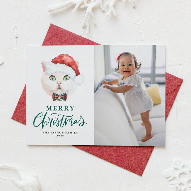 British Shorthair Cat Santa Green Photo Christmas Holiday Card (Creator Uploaded)