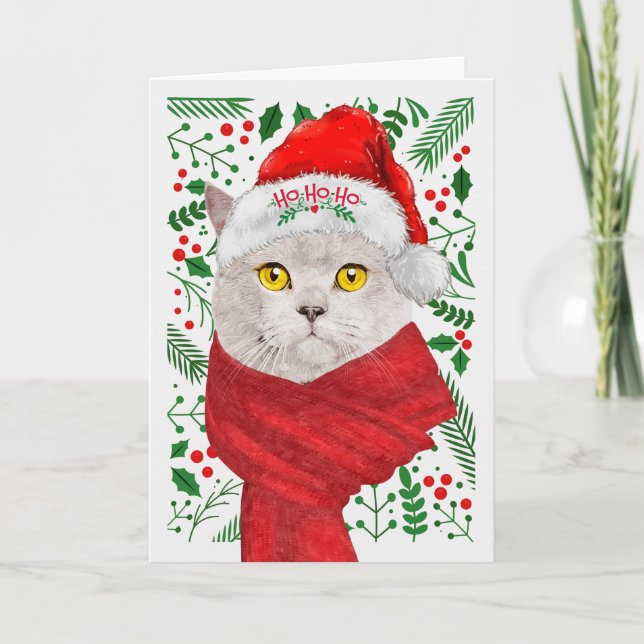 British Shorthair Cat Santa Hat Meowy Christmas Holiday Card (Front)